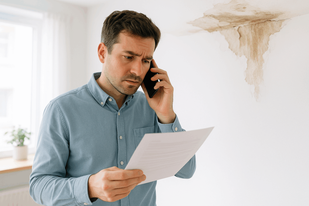 Worried Spartanburg homeowner on the phone with insurance agent, reviewing paperwork and home damage before filing an insurance claim
