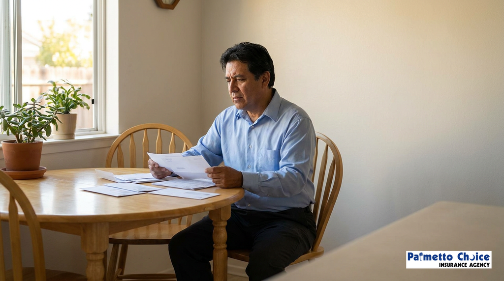 Man at his dining room table reviewing bills and insurance quotes while shopping for SR-22 insurance in South Carolina