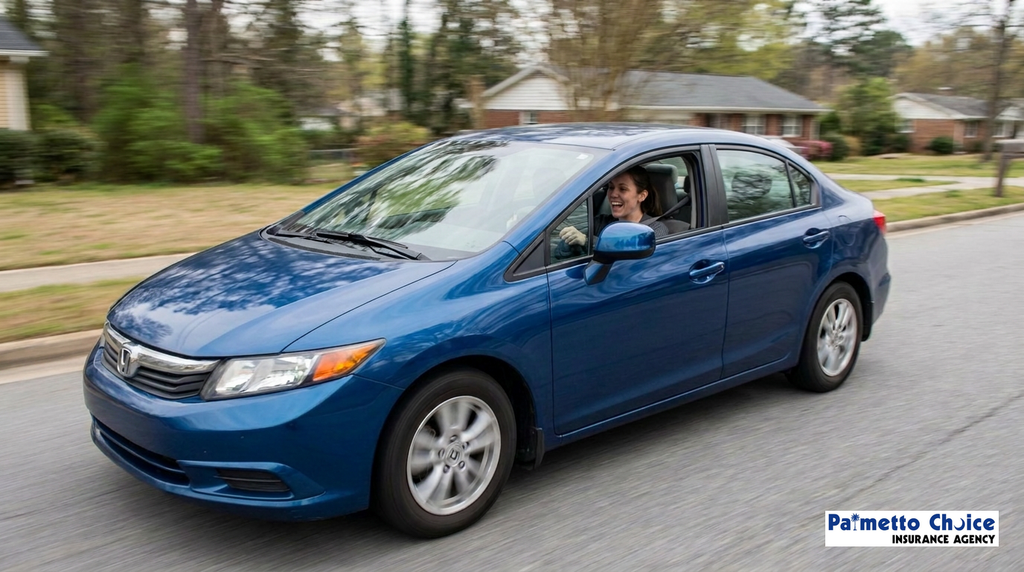 A smiling woman drives a blue Honda Civic sedan down a suburban street with her window down